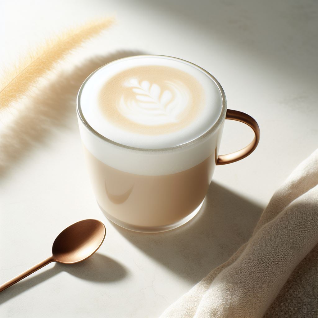 a tea latte in a mug on a white table