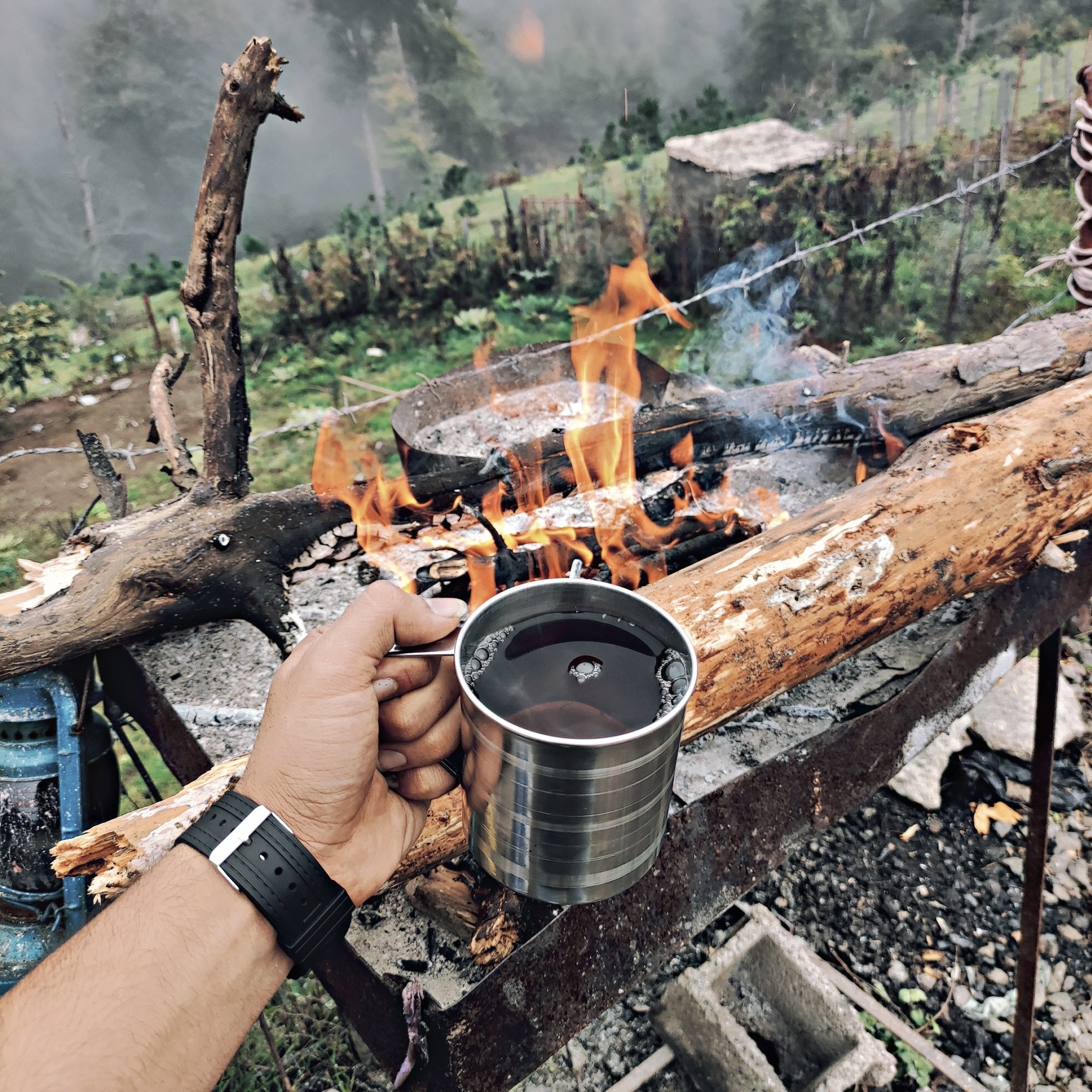 brewing tea while camping