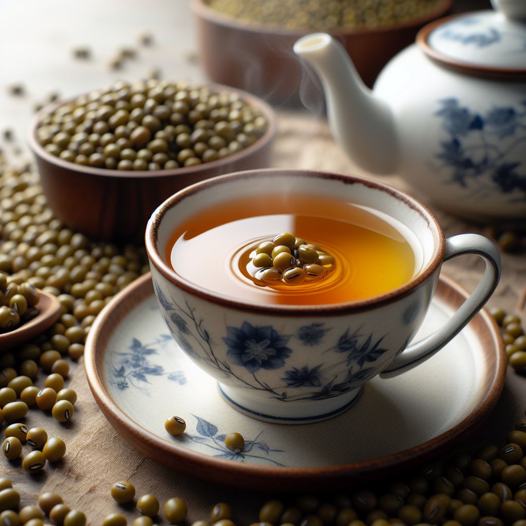 a mung bean tea in a tea cup next to some mung beans