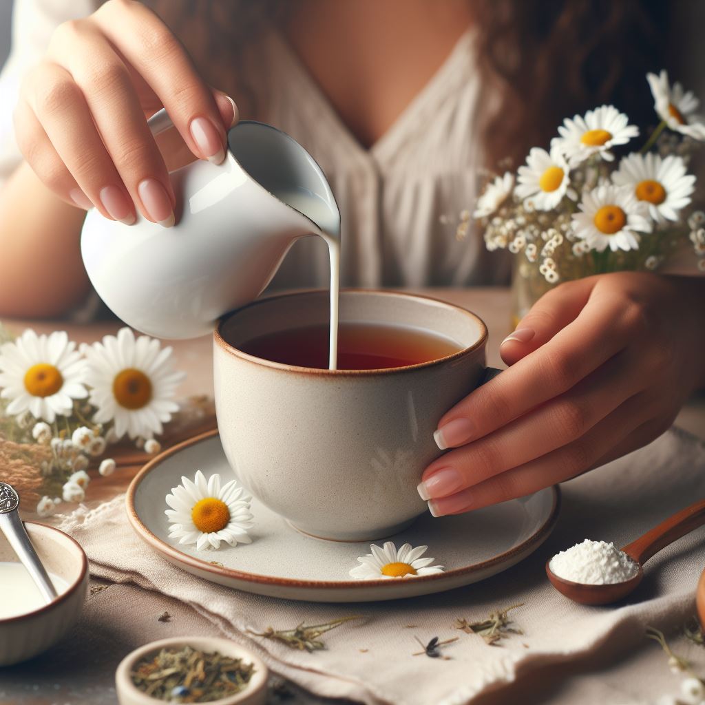 a woman's hands pouring milk into a herbal tea