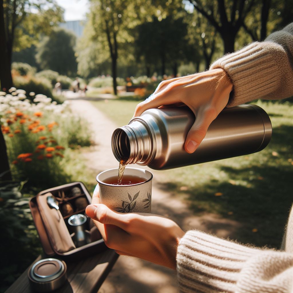 a person trying to prepare a tea in a garden with a thermos container