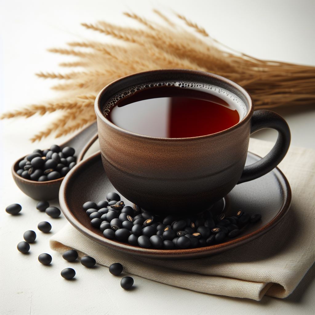 black soybean tea in a tea cup with some black soybeans on the side