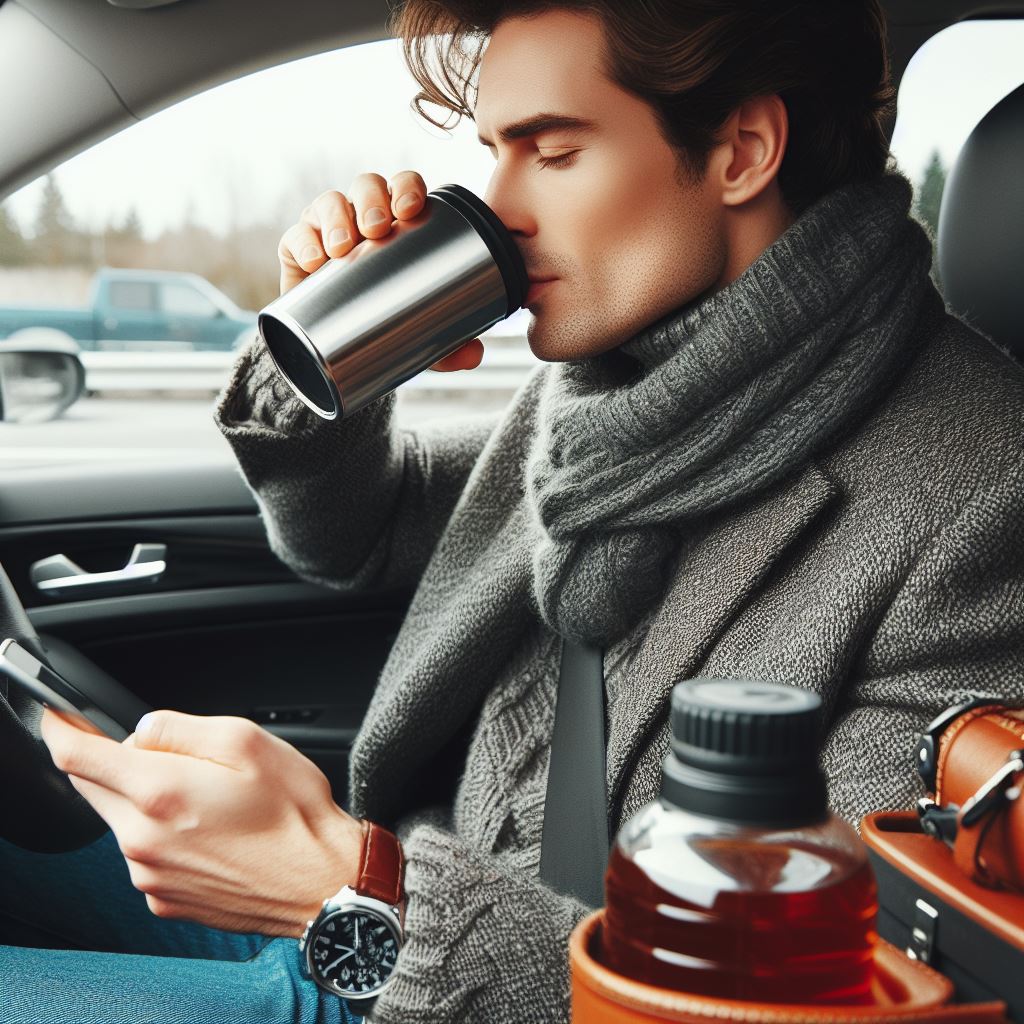 a man sipping on a cup of tea in a car looking at his phone
