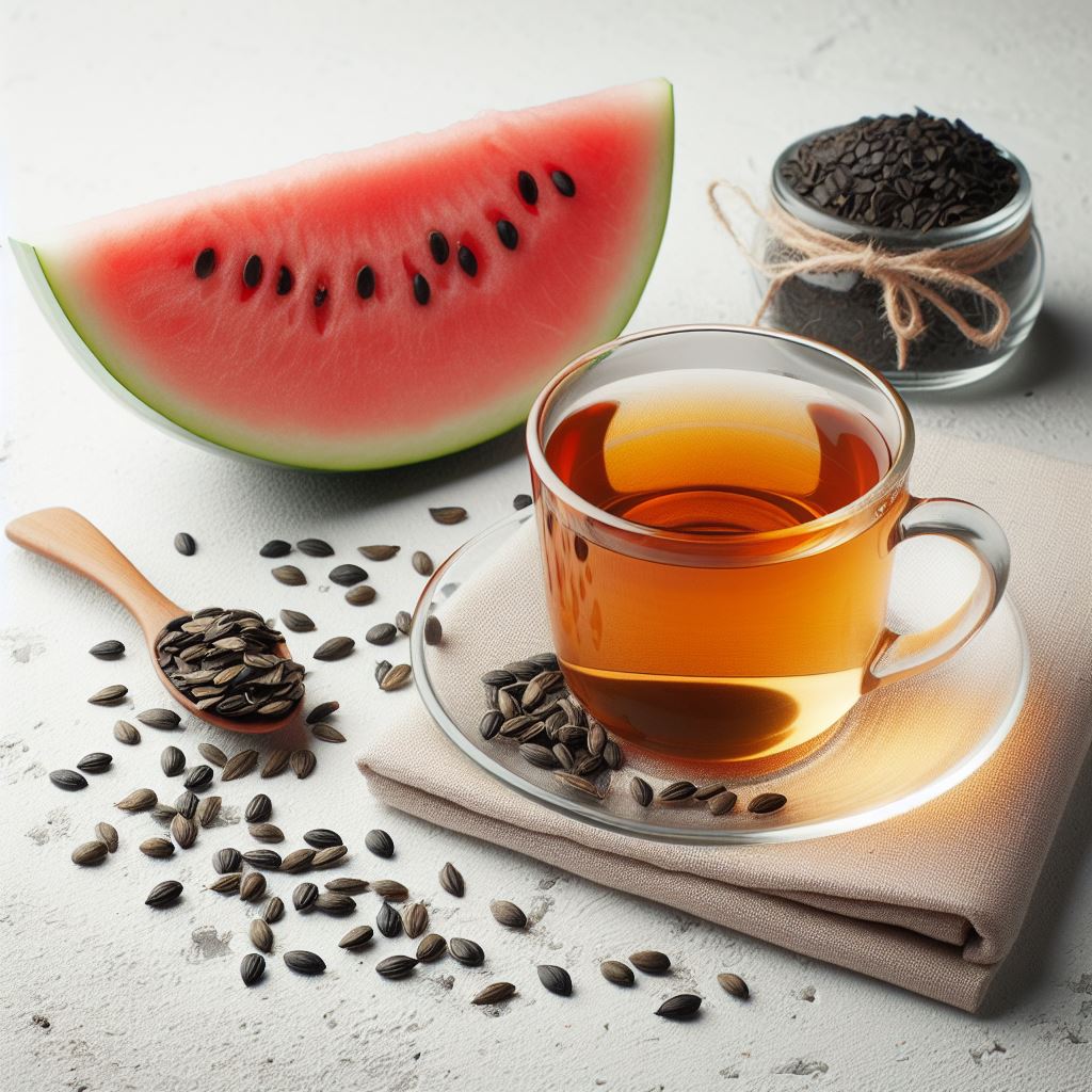 a light tea next to a watermelon and black seeds