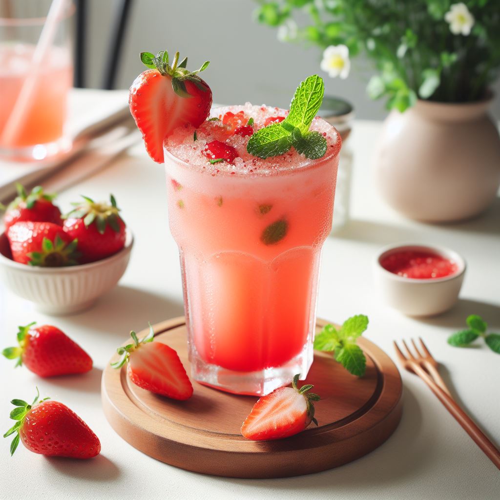 A strawberry fruit tea mocktail on a white table surrounded by strawberries