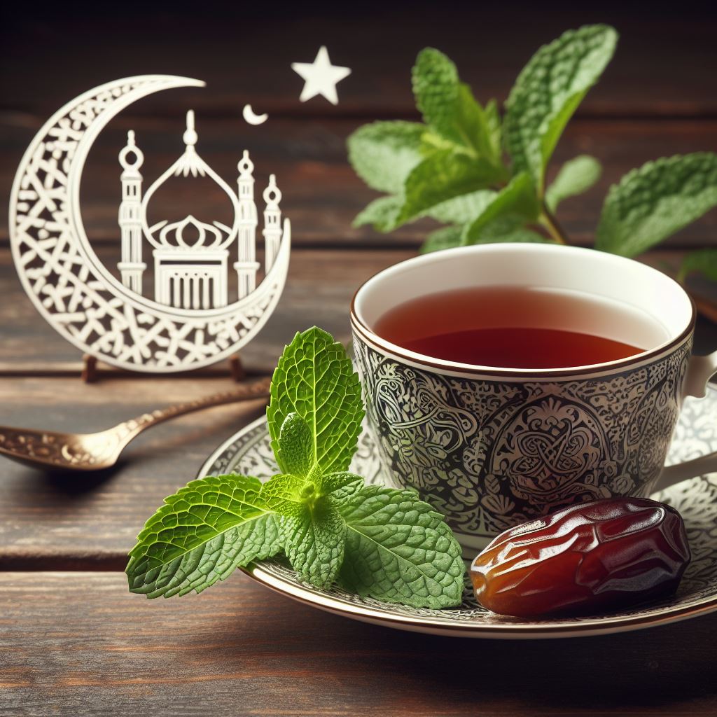 a tea with mint and dates next to a ramadan ornament
