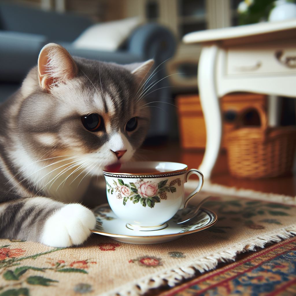 a cat drinking catnip tea from a teacup on the floor