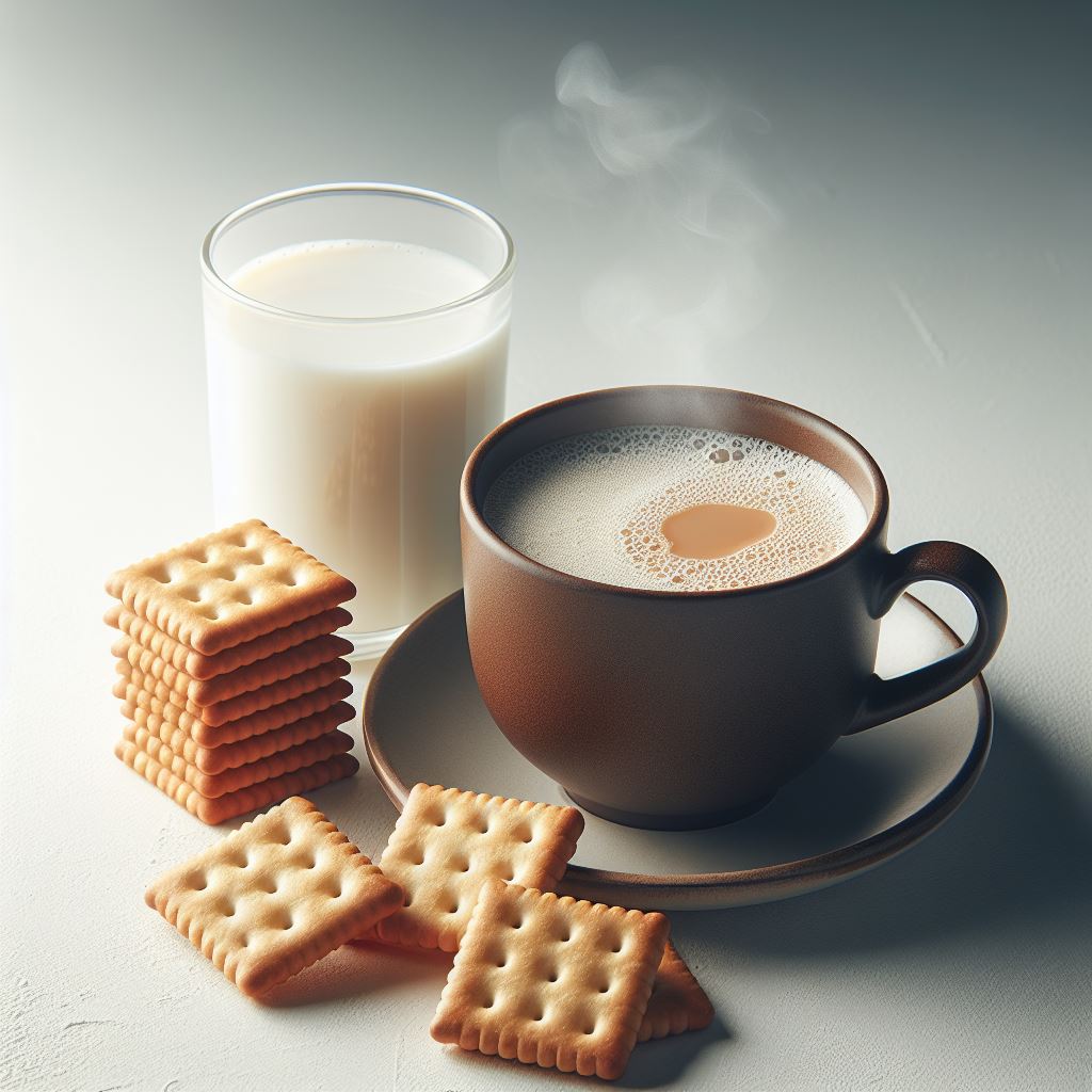 a milk tea in a mug next to some square crackers