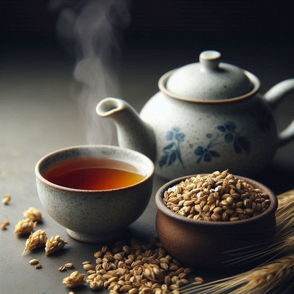 a Korean roasted barley tea in a cup next to a tea pot and barley grains