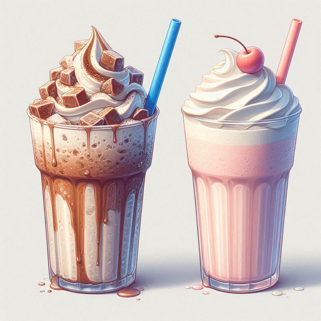 an ice blended frappe next to a strawberry milkshake with cherry on top