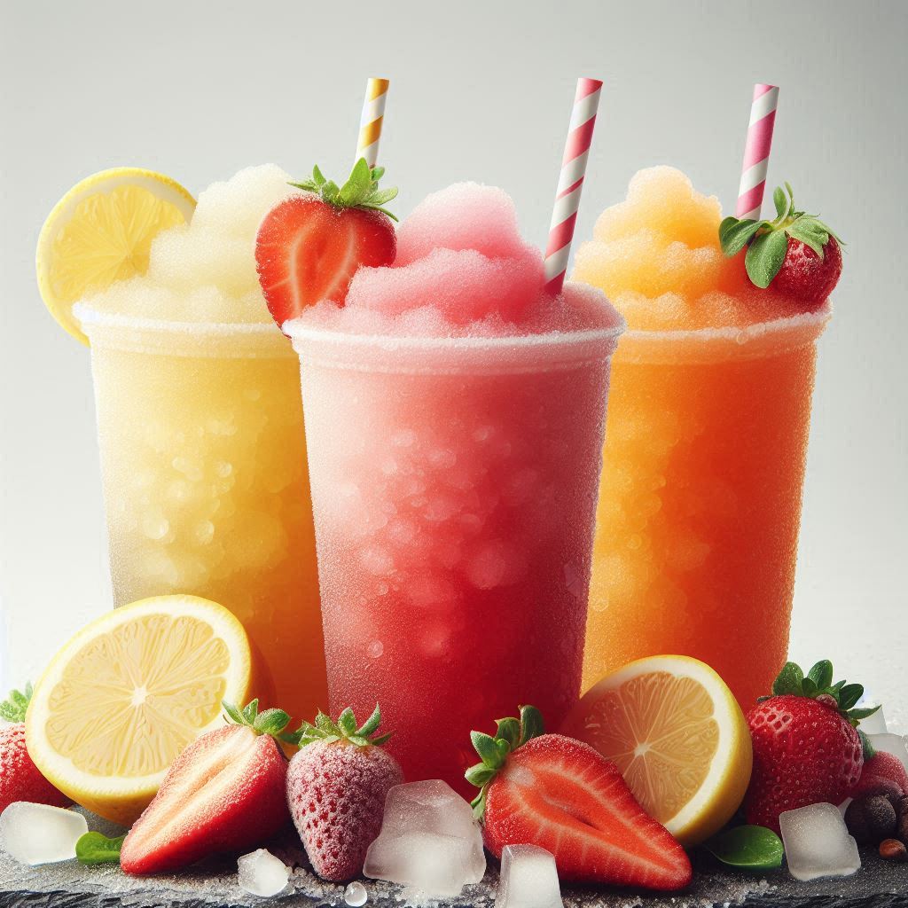 3 colourful cups of frozen ice tea slushy with fruit